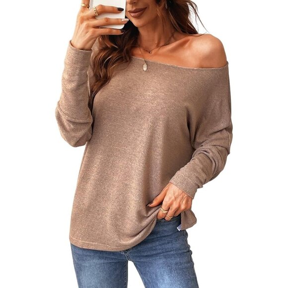 Tops - Women Long Sleeve Off Shoulder Knit Top Casual Loose Fit Solid Blouse